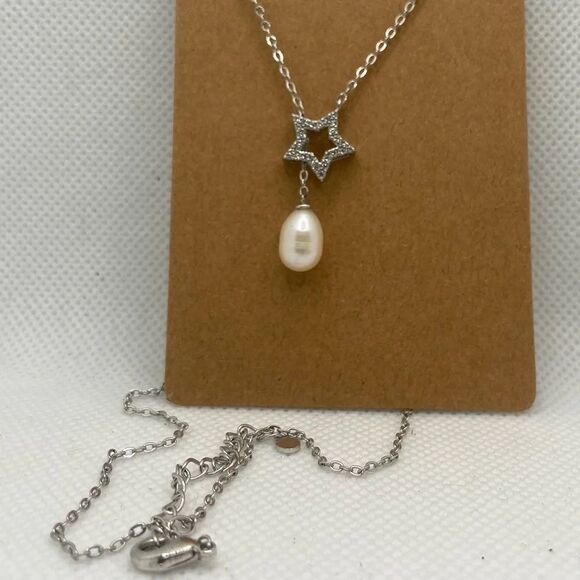 Adjustable Silver Star Pendant Necklace with Pearl Drop - Picture 3 of 4